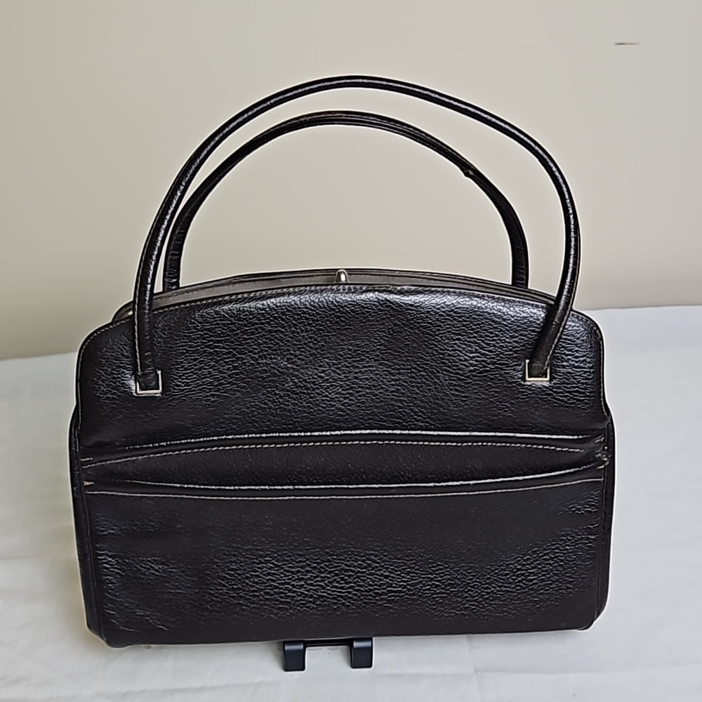 Vtg Rambler by Kodin Pebble Leather Handbag Brown Kiss Clasp Multiple Pockets